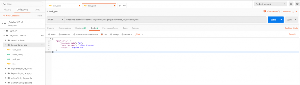 Keywords Data API v3 POST