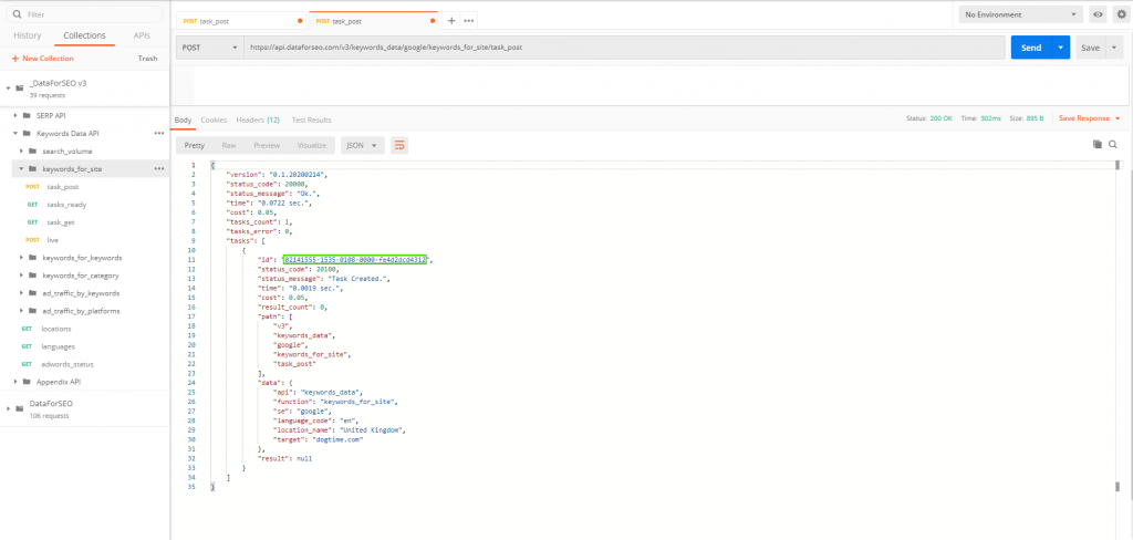 Keywords Data API v3 POST response