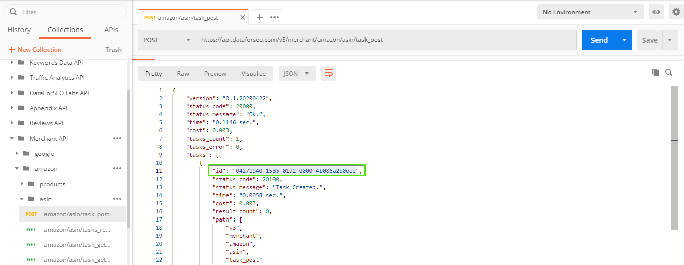 Getting ASIN Numbers For Products In Bulk Is Hard? A Piece of Cake With DataForSEO Amazon API! 7 Postman 2020 04 27 19.41.50
