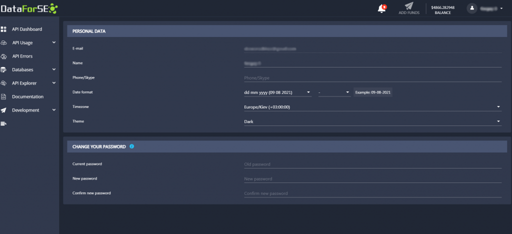 New Dashboard Design v3 1 DataForSEO Userprofile GoogleChrome2021 08 1 3