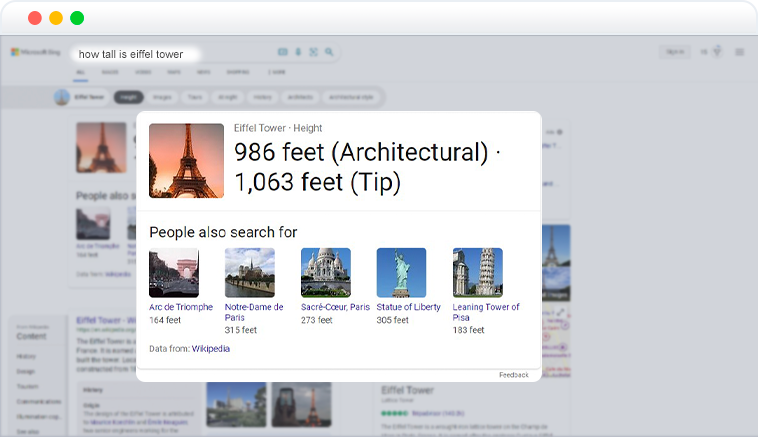 answer box SERP feature on Bing answer box SERP feature on Bing