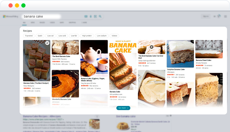 Recipes SERP feature on Bing Recipes SERP feature on Bing