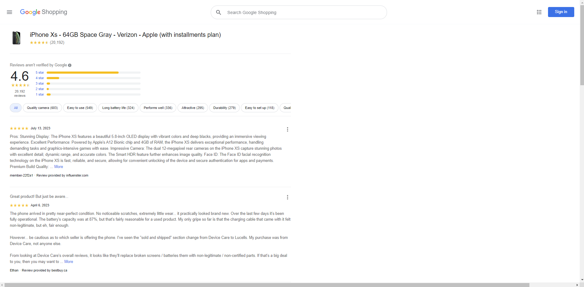 google shopping reviews screen