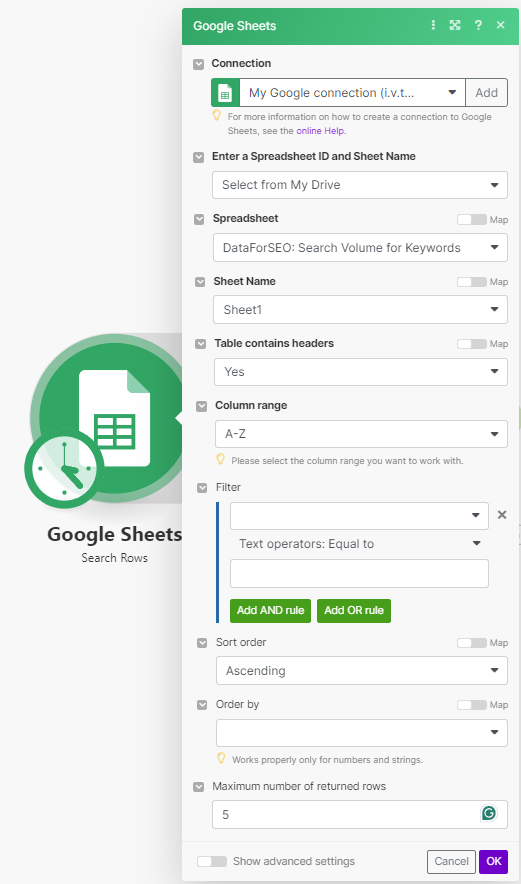 How to pull search volume to Google Sheets with DataForSEO API and Make? 5 connection for dataforseo blueprint in make