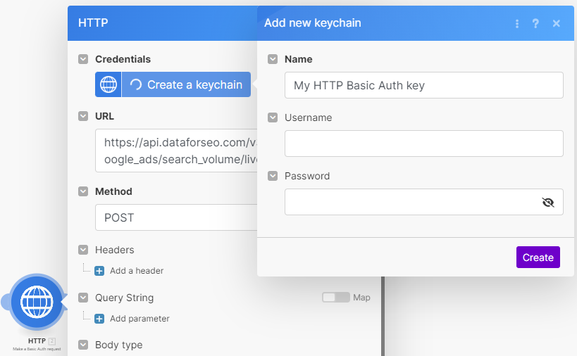 How to pull search volume to Google Sheets with DataForSEO API and Make? 6 key for dataforseo blueprint in make