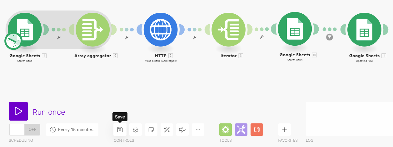 How to pull search volume to Google Sheets with DataForSEO API and Make? 11 save dataforseo scenario in make