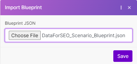 How to pull search volume to Google Sheets with DataForSEO API and Make? 3 select dataforseo blueprint in make