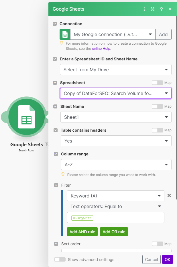How to pull search volume to Google Sheets with DataForSEO API and Make? 8 step 9 dataforseo blueprint in make