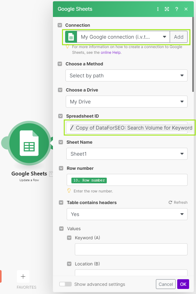 How to pull search volume to Google Sheets with DataForSEO API and Make? 9 step 9.1 dataforseo blueprint in make