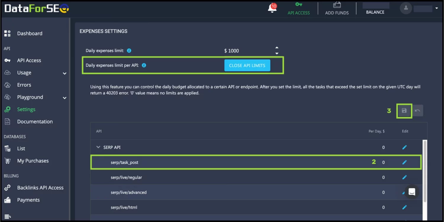 Can I set a limit for my payments to DataForSEO? 2 Expenses 2