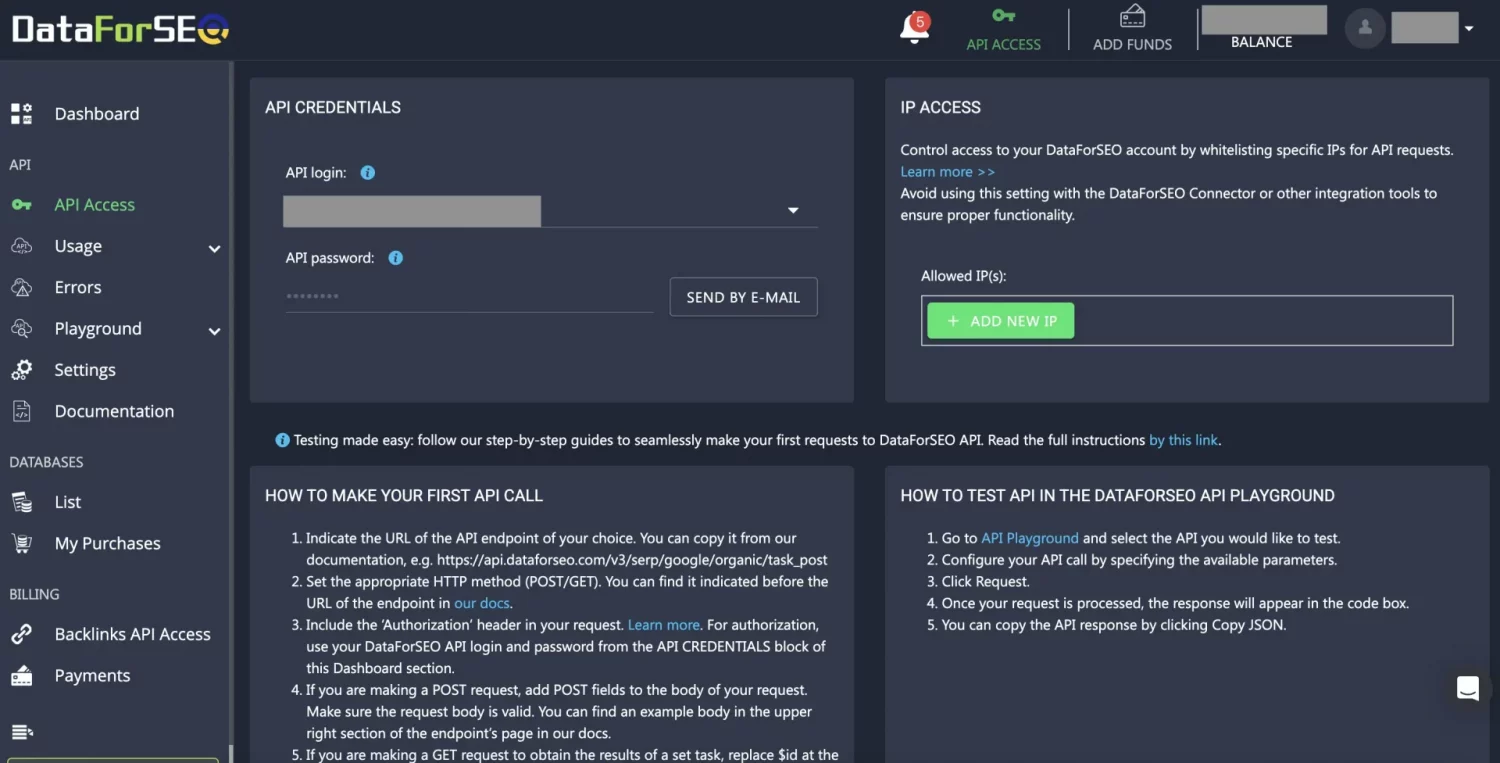 Analyze Backlinks in One Click with DataForSEO and Google Sheets Apps Script 1 API-Dashboard-Access