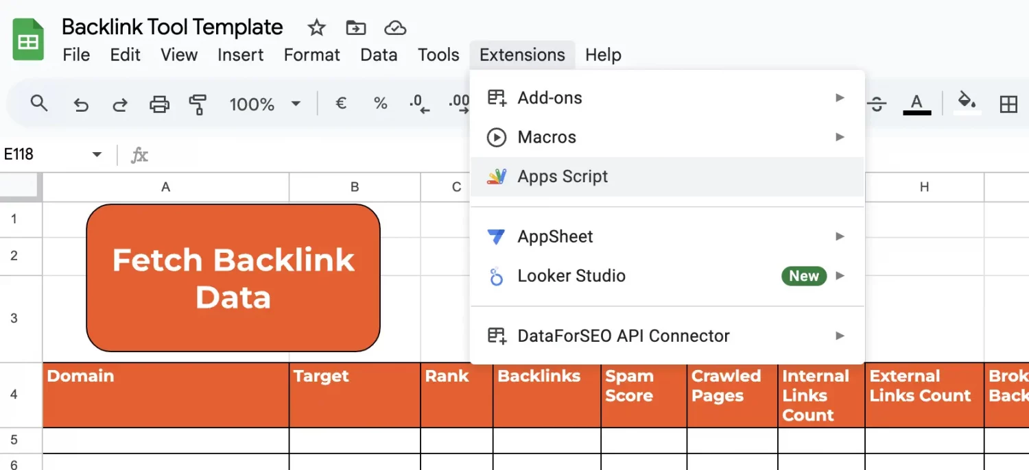 Analyze Backlinks in One Click with DataForSEO and Google Sheets Apps Script 3 Apps-Script-Nav