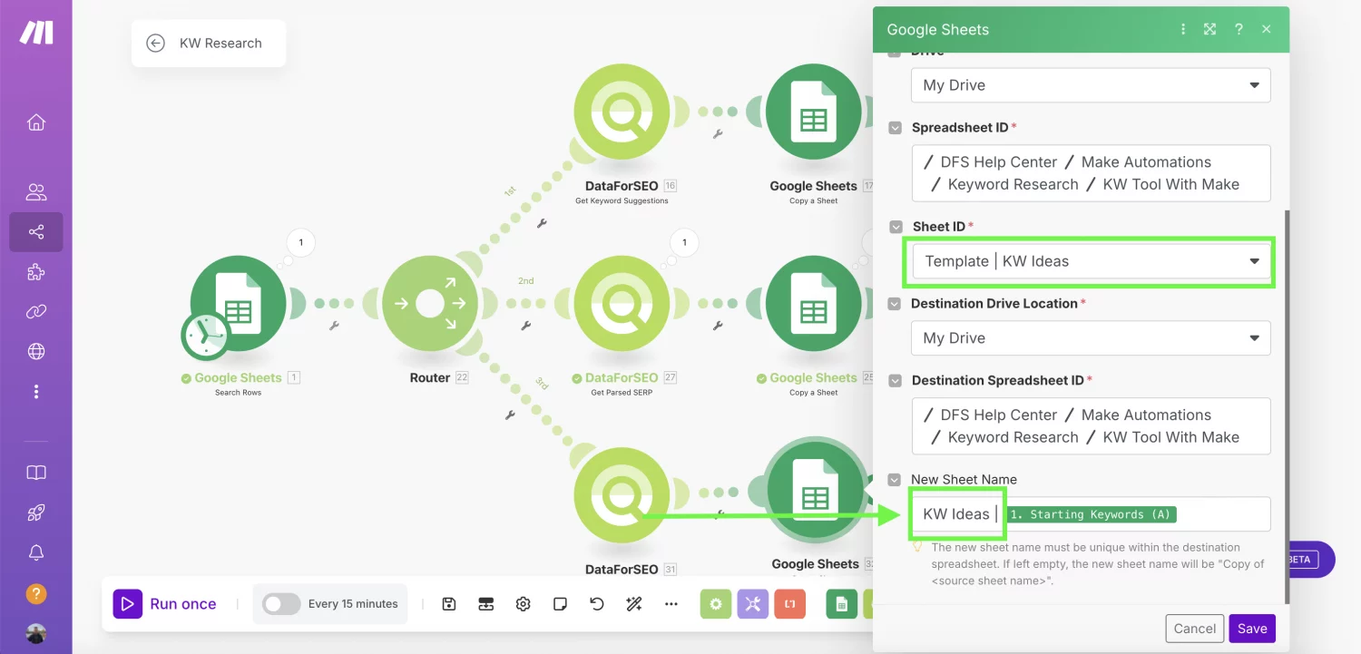 Data-driven Keyword Research Automation With DataForSEO and Make (By Nico AI Ranking) 18 Copy-a-Sheet-_Ideas