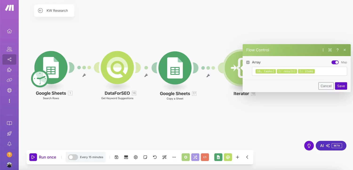 Data-driven Keyword Research Automation With DataForSEO and Make (By Nico AI Ranking) 5 Iterator-1