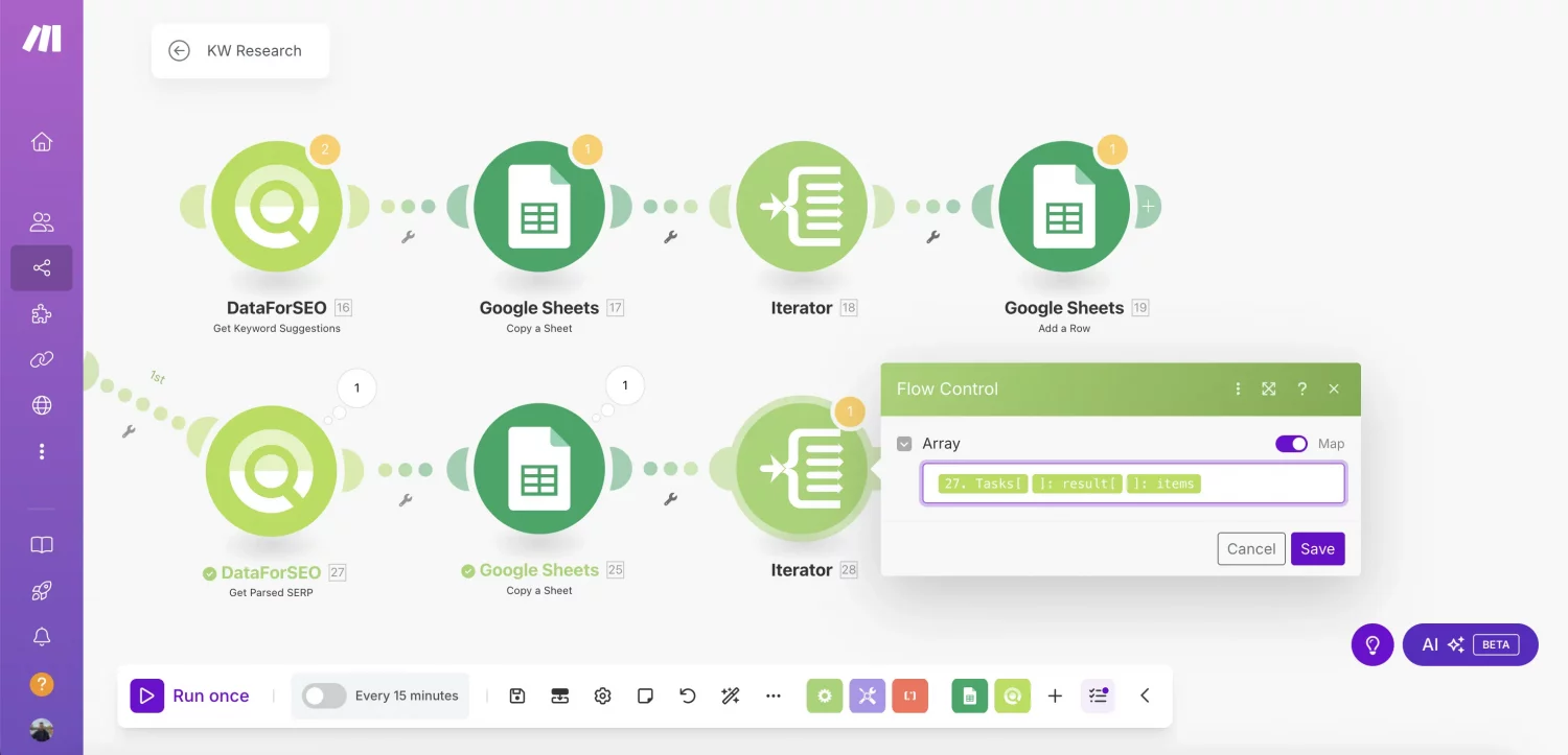 Data-driven Keyword Research Automation With DataForSEO and Make (By Nico AI Ranking) 13 Iterator-2-SERP-