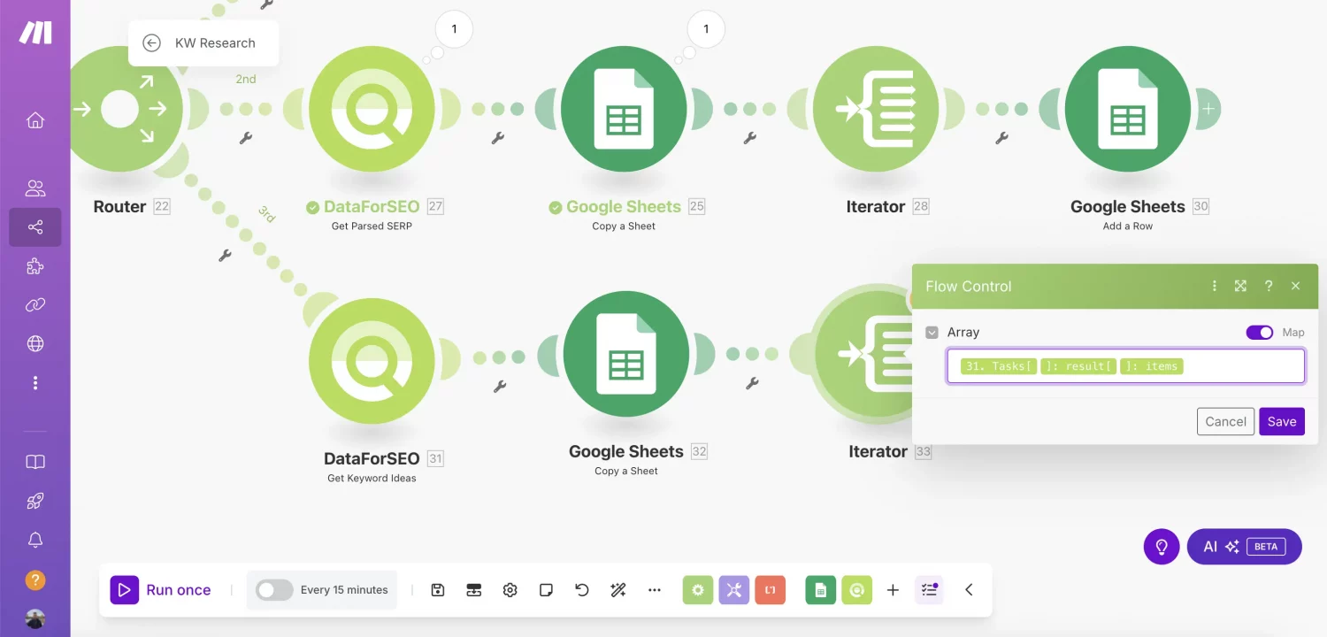 Data-driven Keyword Research Automation With DataForSEO and Make (By Nico AI Ranking) 19 Iterator-3-Ideas