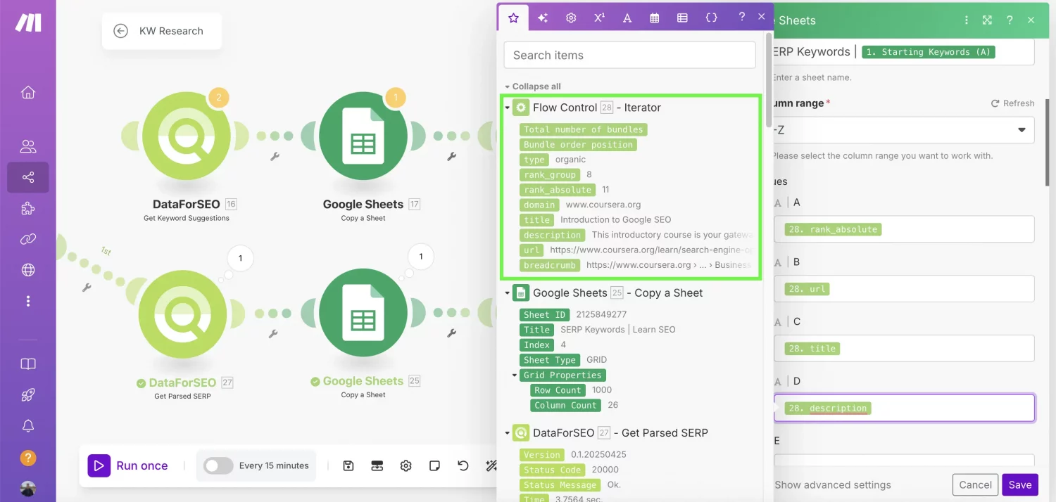 Data-driven Keyword Research Automation With DataForSEO and Make (By Nico AI Ranking) 15 Update-a-Row-SERP-2