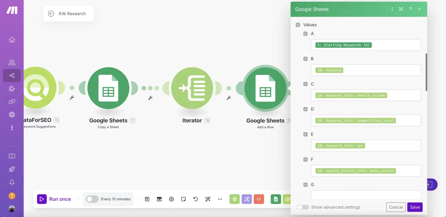 Data-driven Keyword Research Automation With DataForSEO and Make (By Nico AI Ranking) 7 Update-a-Row-Suggestions-2