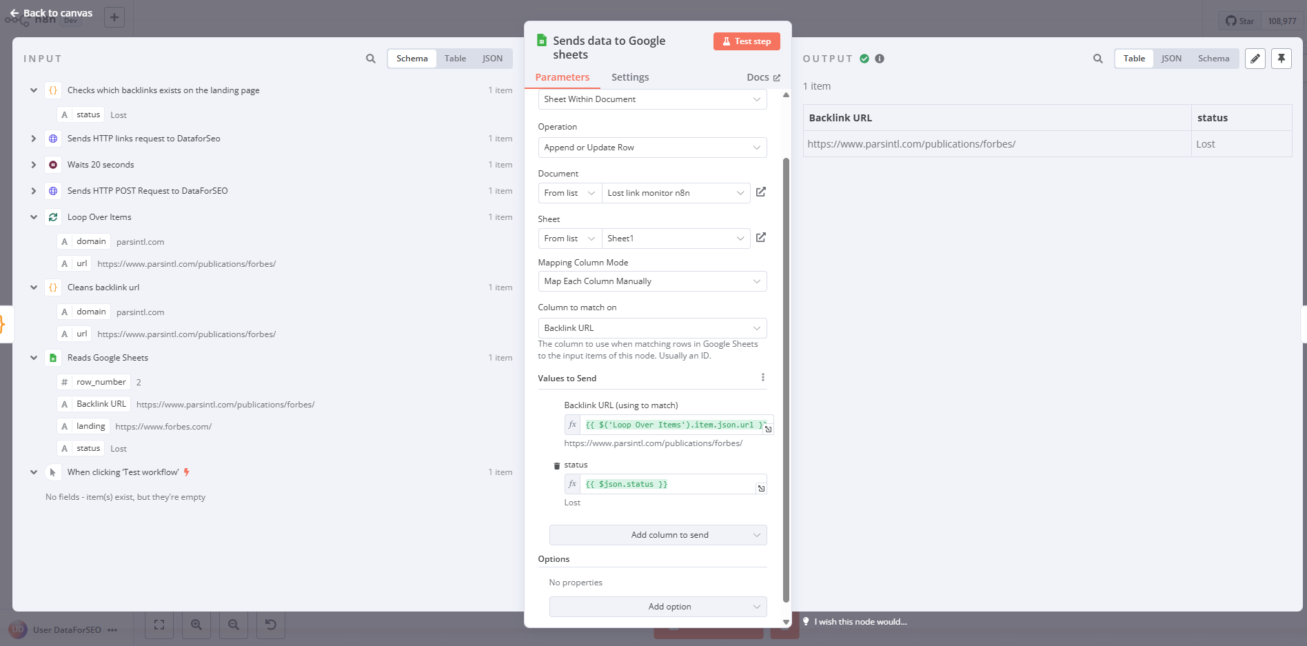 Lost Backlink Monitoring Automation by Mykolas Bartkus (DataForSEO API + n8n) 5 output to google sheets node