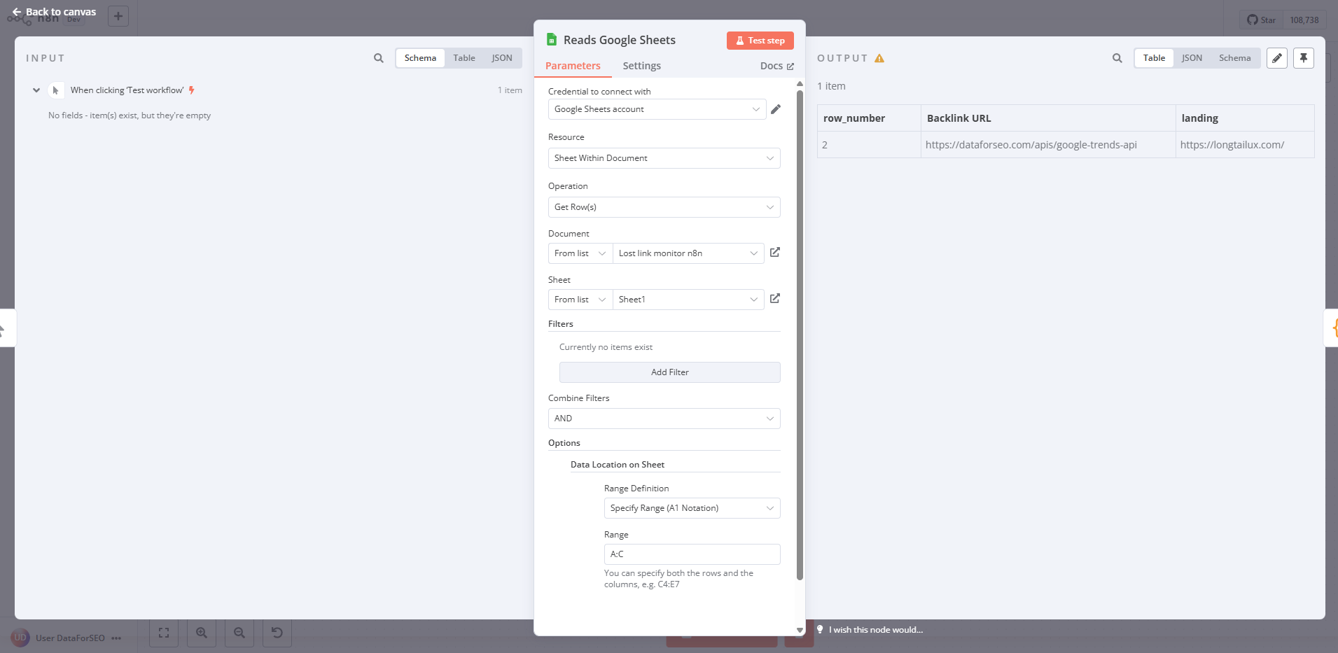Lost Backlink Monitoring Automation by Mykolas Bartkus (DataForSEO API + n8n) 3 read google sheets node