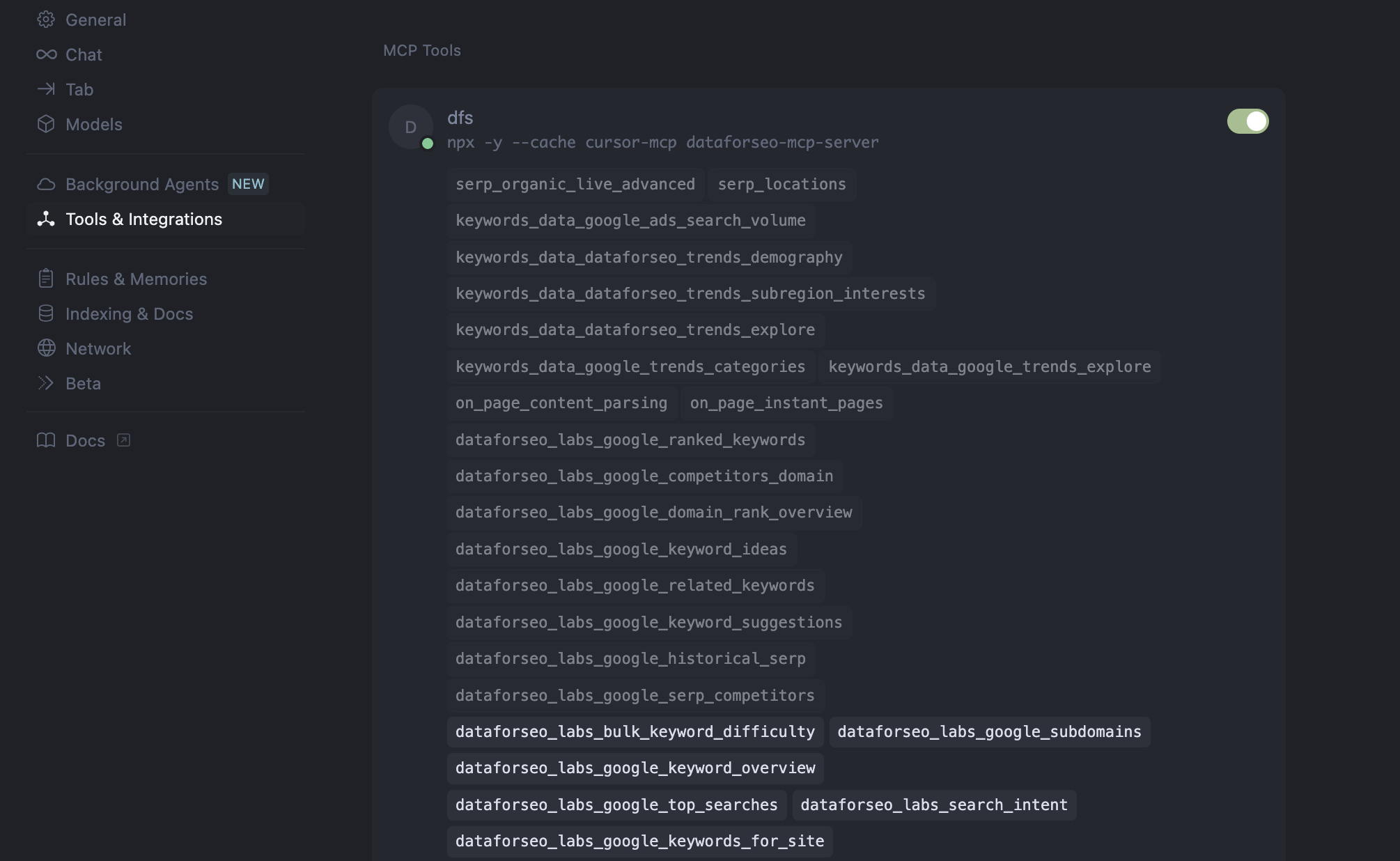 A simple way to connect the DataForSEO MCP to Cursor 6 Disable Tools