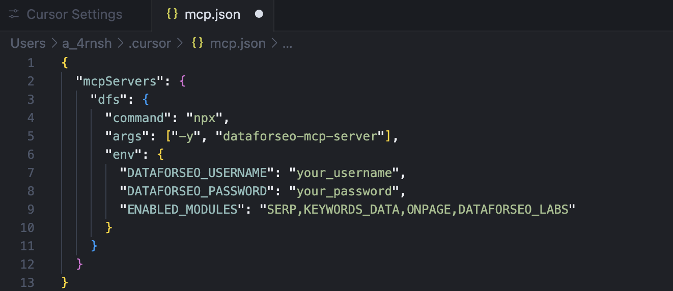 A simple way to connect the DataForSEO MCP to Cursor 7 Enabled Modules