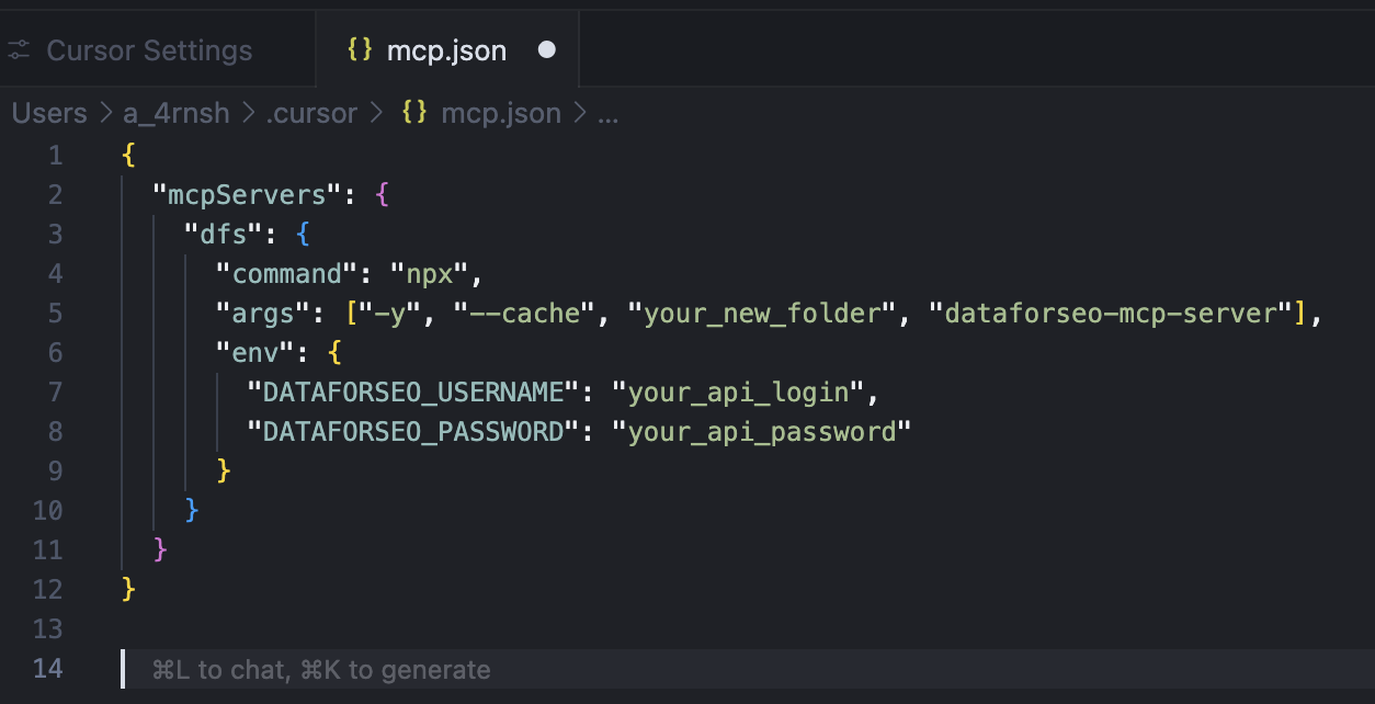 A simple way to connect the DataForSEO MCP to Cursor 4 Example Mac