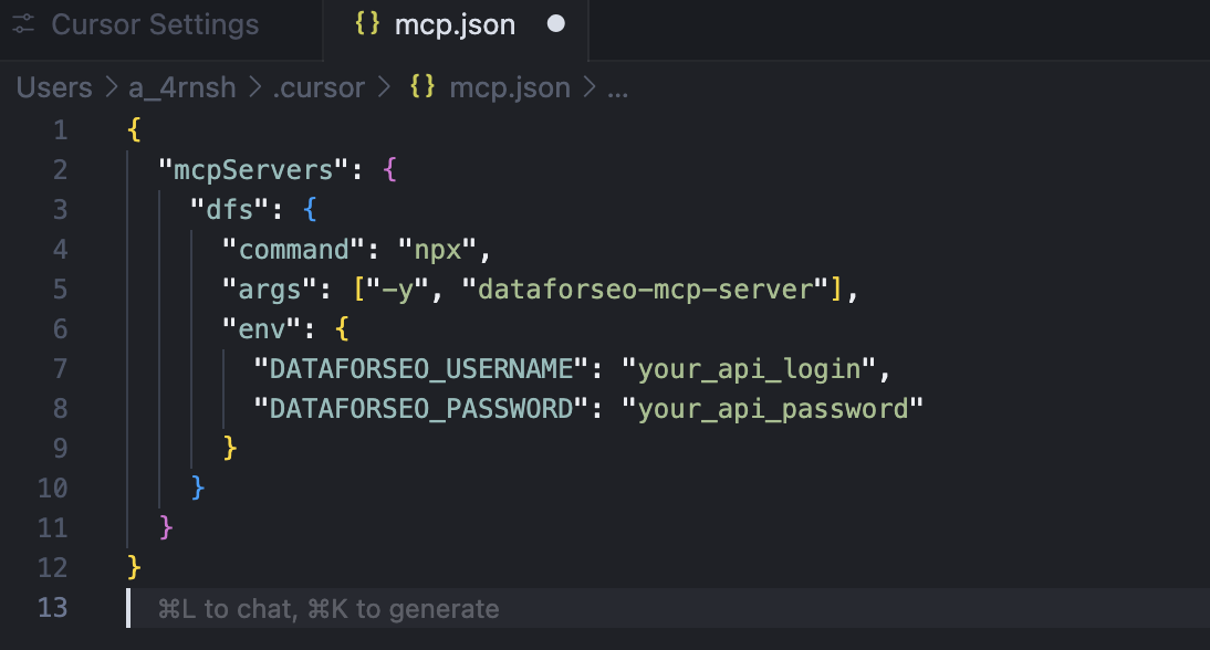 A simple way to connect the DataForSEO MCP to Cursor 3 Cursor Example