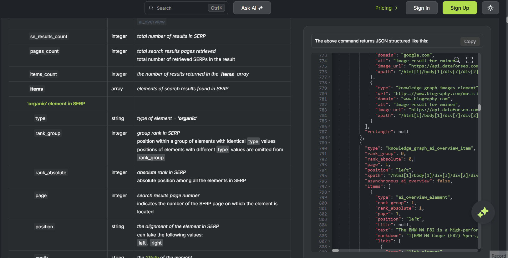 Elevating Your Experience with DataForSEO Documentation 3 Click-to-Navigate JSON & Built-In Search